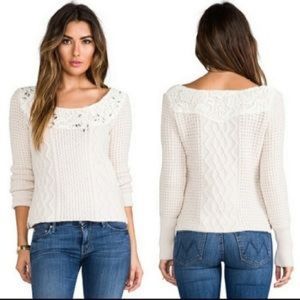 FREE PEOPLE Ivory Creme Aurora Jewel Embellished Lace Trim Wool Knit Sweater
